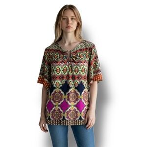 Susan Lawrence Womens Cutout V Neck Boho Geometric Flutter Sleeve V-Neck Tunic S